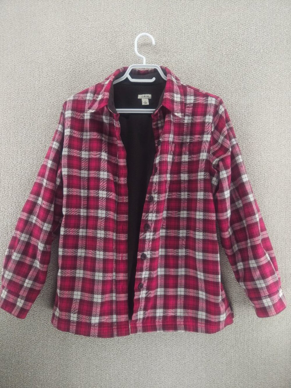 L.L. Bean Flannel Shacket, Cozy Fleece Lined, Pink Burgundy Plaid, Size Small